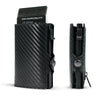 Black carbon fiber RFID pop-up card holder with a clear plastic card visible.