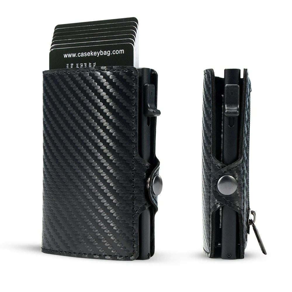 Black carbon fiber RFID pop-up card holder with a clear plastic card visible.
