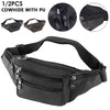 Black genuine leather adjustable waist bag with PU lining shown in various views.