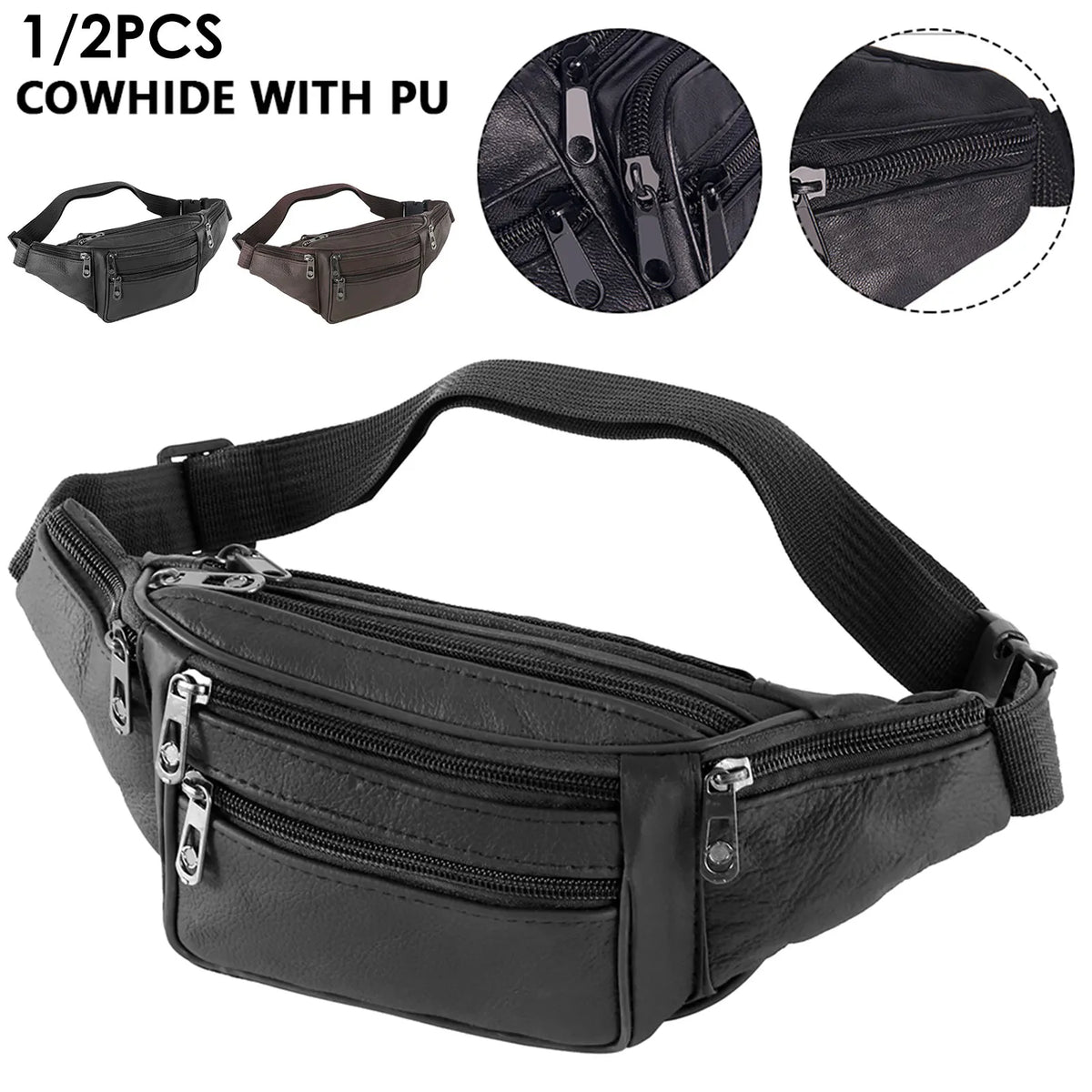 Black genuine leather adjustable waist bag with PU lining shown in various views.