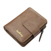 Brown vintage PU leather men's card holder wallet with gold lettering and a black pen attached.