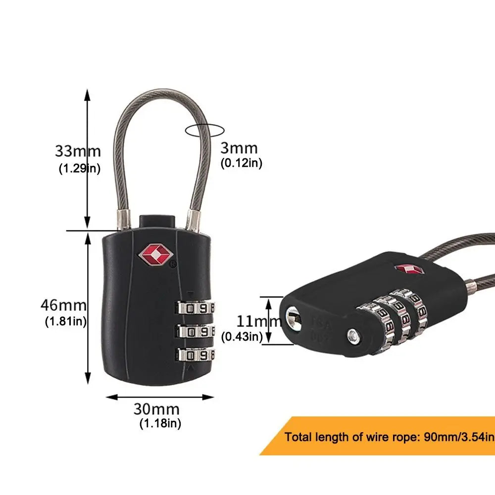 A black cable lock with a handle and three dials is shown next to its dimensions.