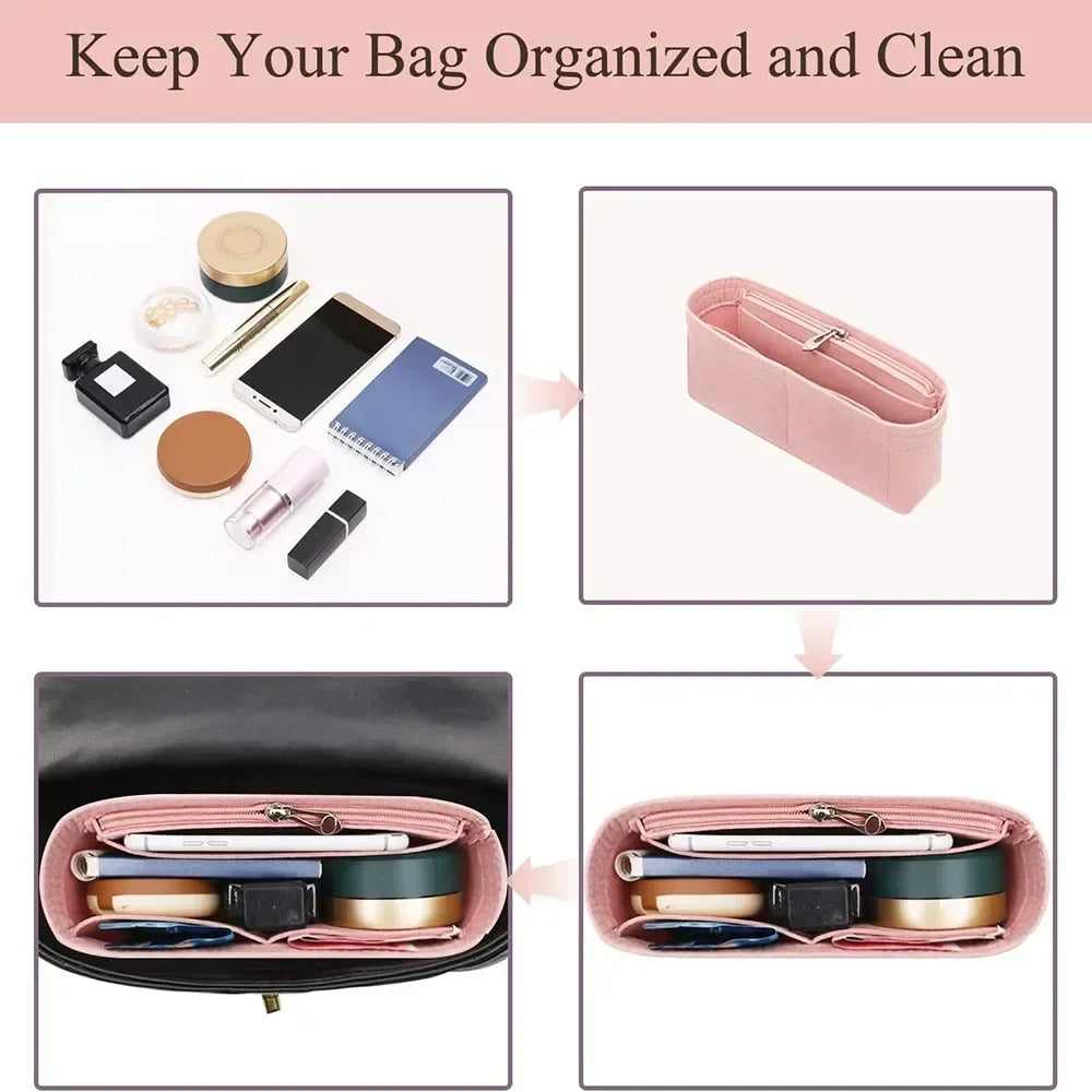 Un insert d'organisateur de sac rose montrant divers cosmétiques et petits articles rangés dans un sac à main noir.