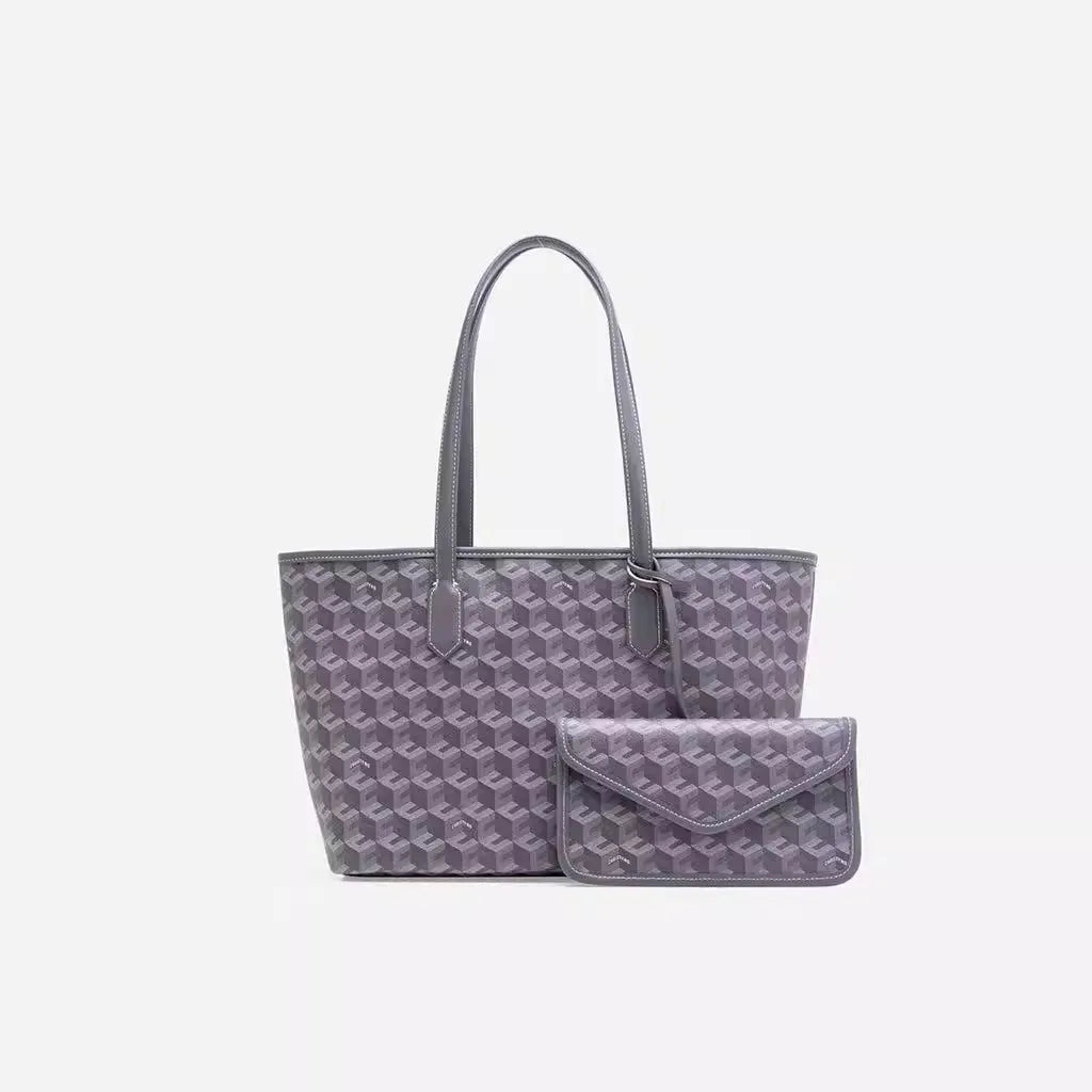A purple geometric 2-in-1 tote bag set for women shown against a light background.