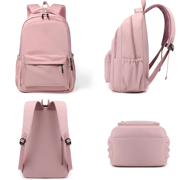A pink nylon backpack shown in various views including a full bag, a detached backpack, and a separate pouch.