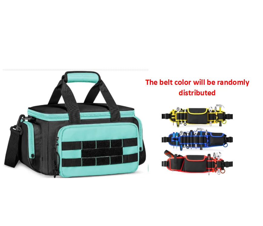 A heavy-duty multi-pocket tool bag with a reinforced base, shown with belt colors randomly distributed.