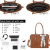 A brown vintage PU leather laptop tote bag with a scarf and clutch, shown with various accessories inside.
