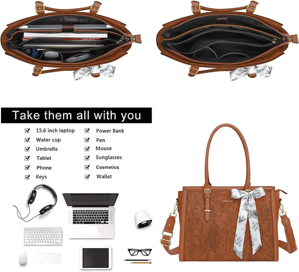 A brown vintage PU leather laptop tote bag with a scarf and clutch, shown with various accessories inside.