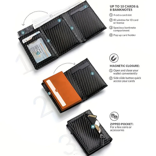 Black slim aluminum pop-up card holder featuring multiple slots and magnetic closure for secure storage