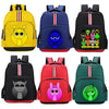 A collection of six cartoon anime themed backpacks in yellow, blue, black, and red.