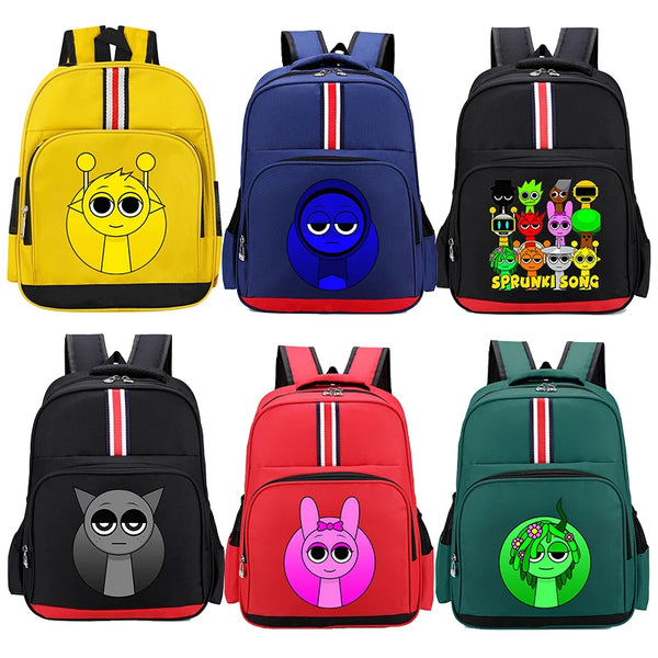 A collection of six cartoon anime themed backpacks in yellow, blue, black, and red.