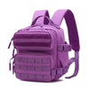 A purple tactical MOLLE backpack with multiple compartments and straps.
