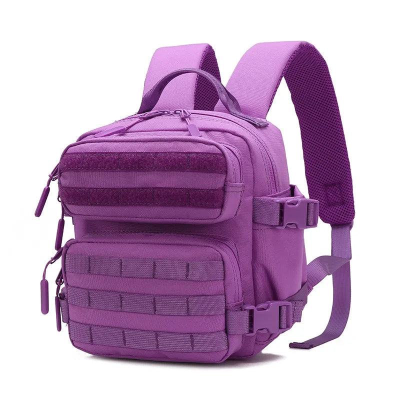 A purple tactical MOLLE backpack with multiple compartments and straps.
