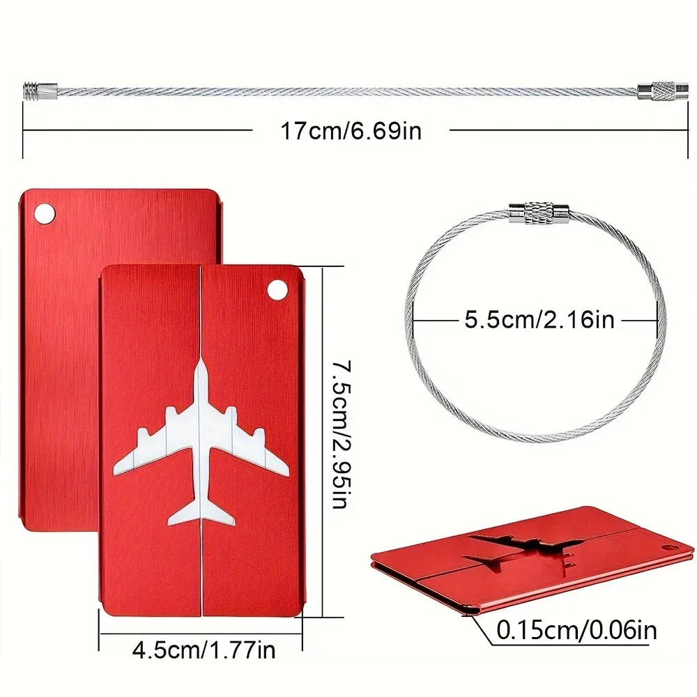 A red aluminum luggage tag with a silver wire attached, shown in various views.