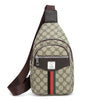 A brown leather crossbody sling bag with a beige and brown patterned fabric and a dark brown strap.