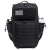 Black tactical backpack featuring a US flag patch and MOLLE webbing for carrying gear.