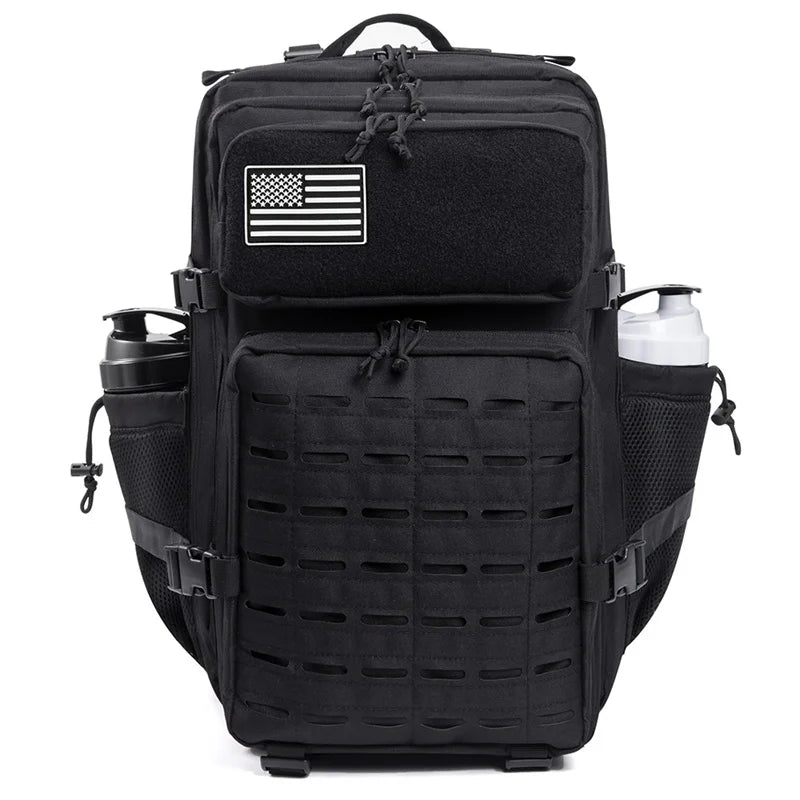 Black tactical backpack featuring a US flag patch and MOLLE webbing for carrying gear.