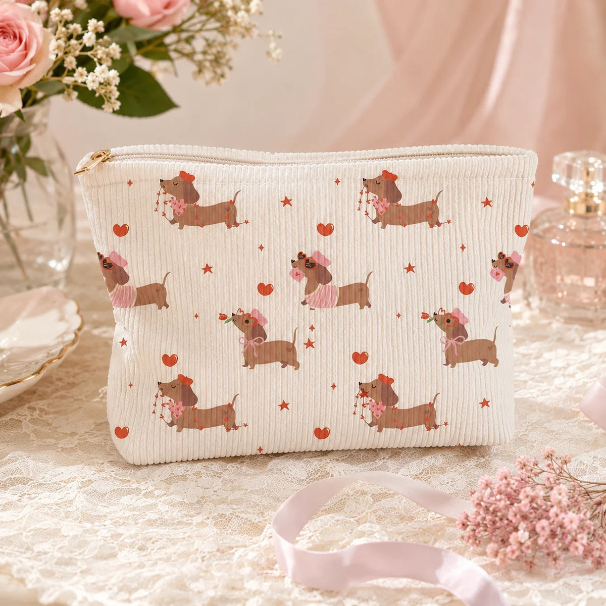A beige corduroy cosmetic bag with a pink and brown dachshund pattern rests on a lace surface.