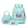 A teal and pink multi-compartment casual backpack featuring a patterned fabric and character designs.