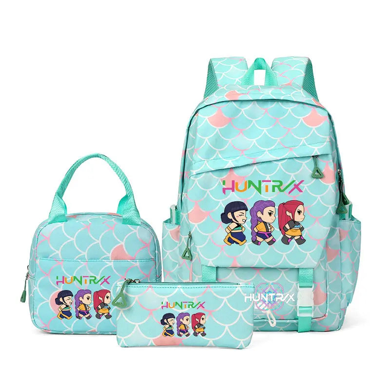 A teal and pink multi-compartment casual backpack featuring a patterned fabric and character designs.