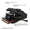Black tactical pouch featuring a pen sheath and a cellphone pocket, resting on a brown notebook.