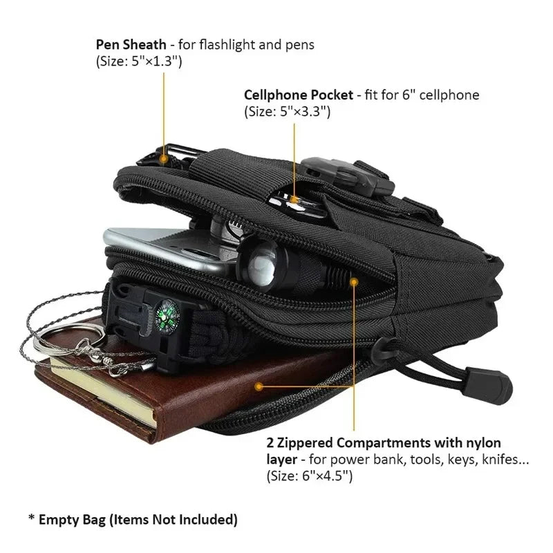 Black tactical pouch featuring a pen sheath and a cellphone pocket, resting on a brown notebook.