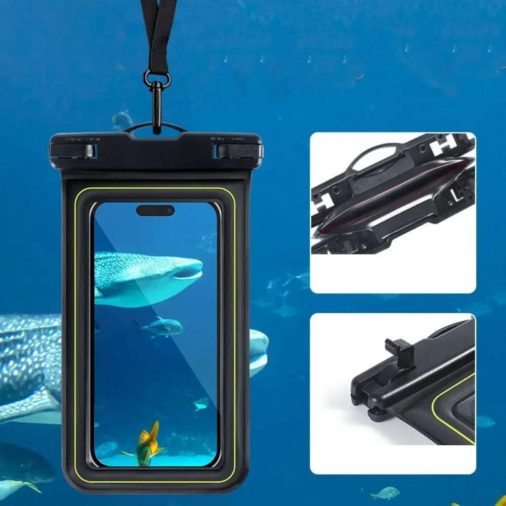A black waterproof phone case with a detachable strap is shown, featuring a clear view of an underwater scene.