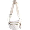 A beige checkered crossbody sling bag with an adjustable strap and gold hardware.