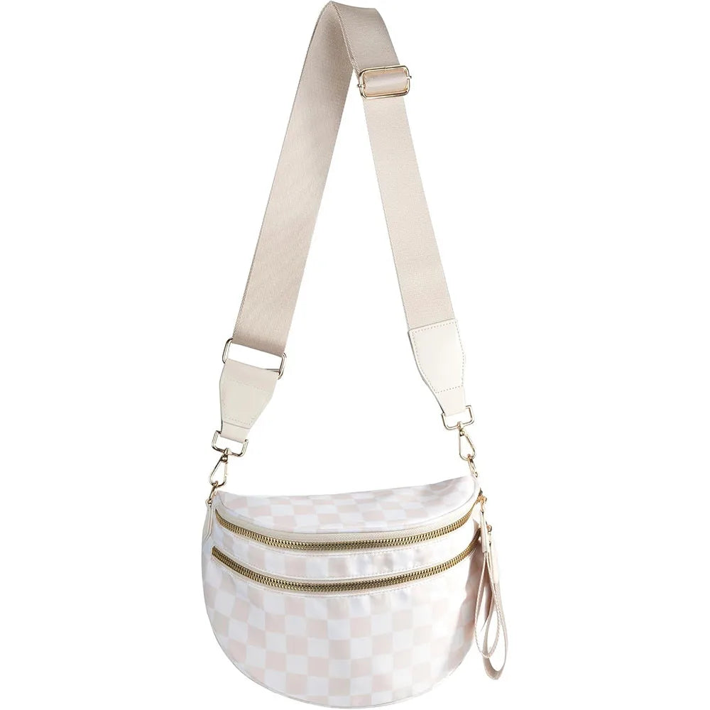 A beige checkered crossbody sling bag with an adjustable strap and gold hardware.