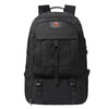 A black durable travel backpack for men shown from the back.