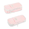 Pink pencil case with a zipper and a label for students