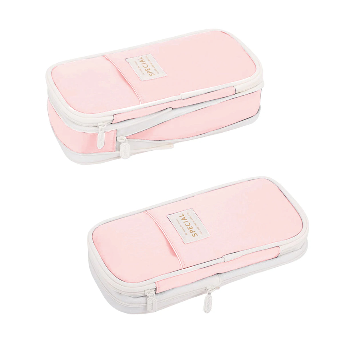 Pink pencil case with a zipper and a label for students