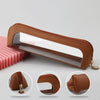 A brown portable transparent cosmetic organizer pouch shown from various angles.
