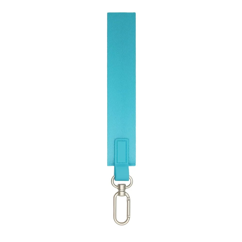 A vertical teal nylon wrist strap keychain.