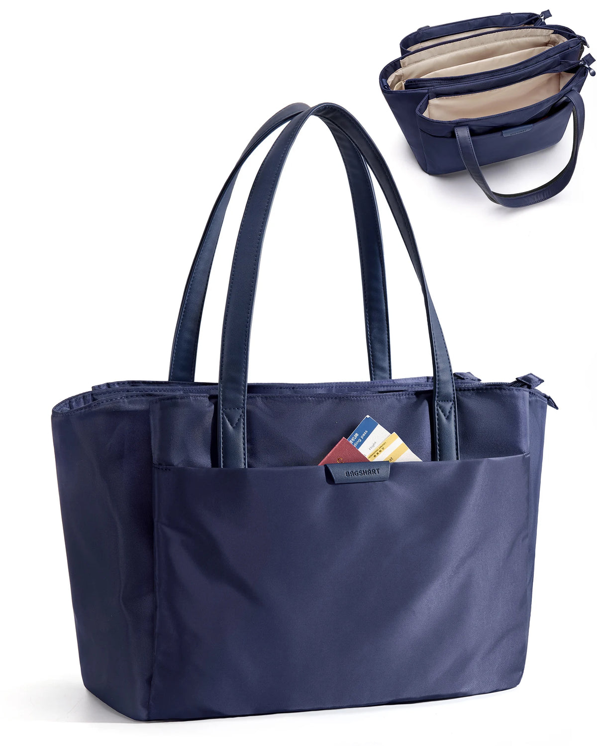 Navy blue premium women's laptop tote bag with a flap and shoulder strap shown next to a folded version