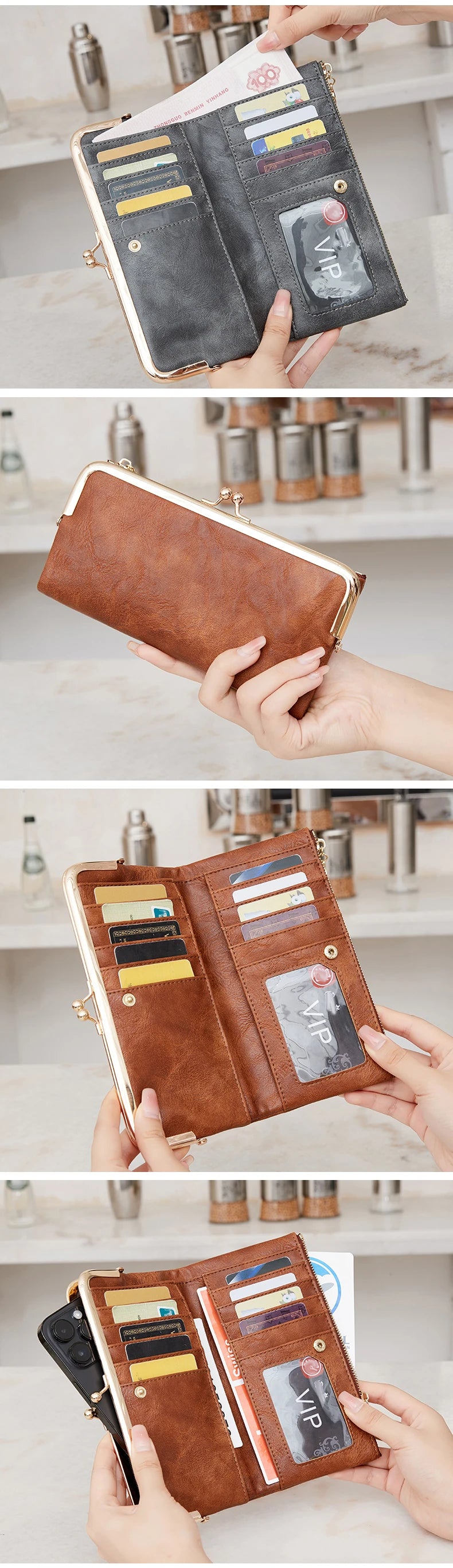Braunes Leder-Vintage-Portemonnaie mit Reißverschluss, das von einer Hand gehalten wird und verschiedene Kartenfächer zeigt.