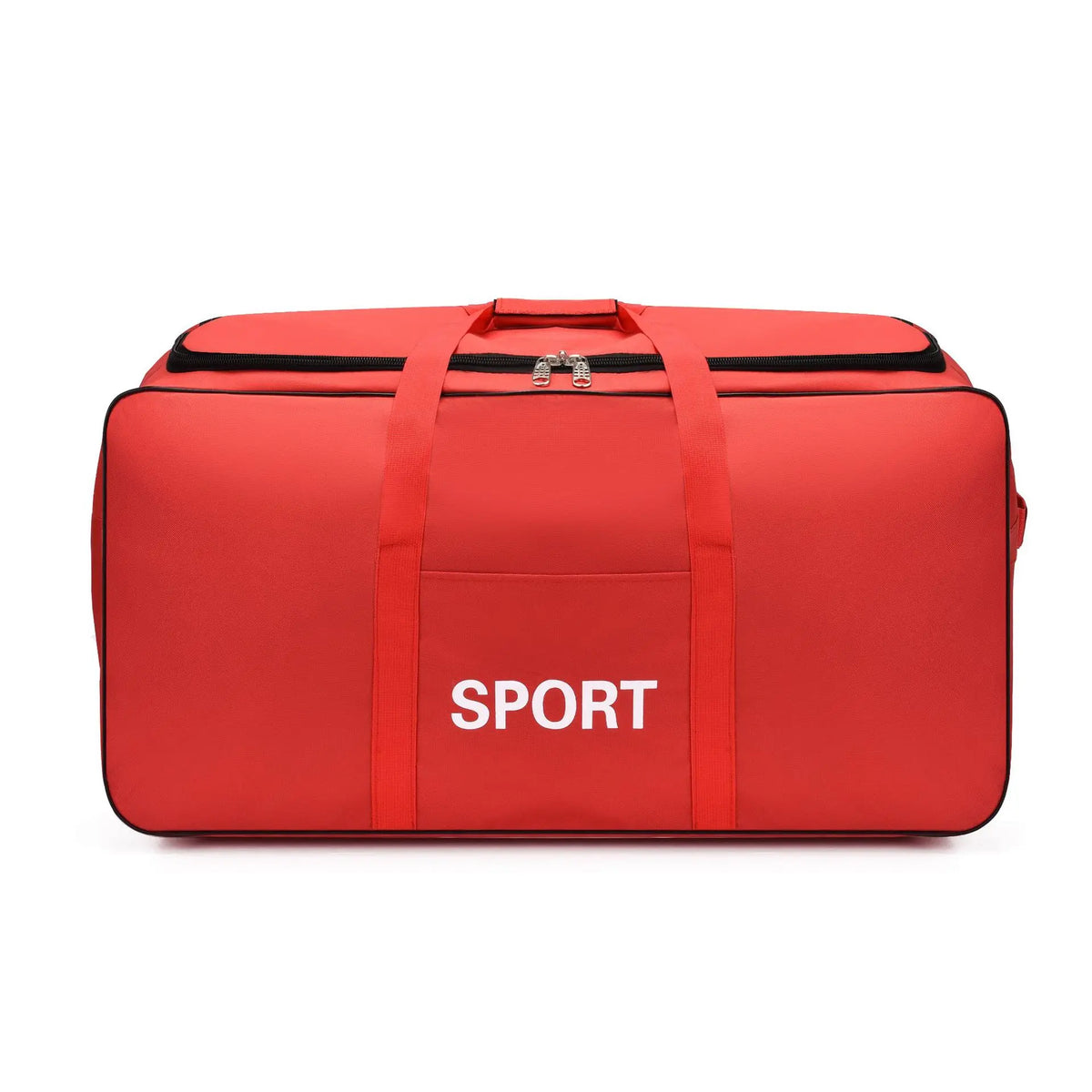 Rote robuste Tarn-Reise-Duffeltasche mit schwarzem Reißverschluss und weißer SPORT-Beschriftung.
