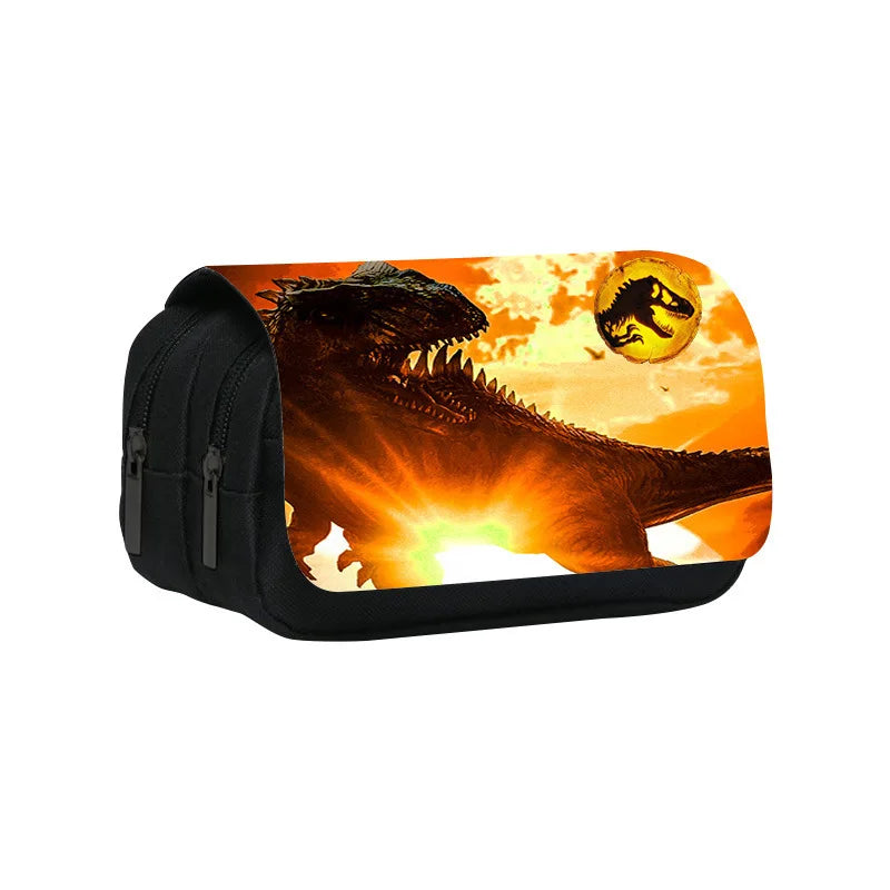 A black pencil case featuring a fiery dinosaur graphic on the exterior.