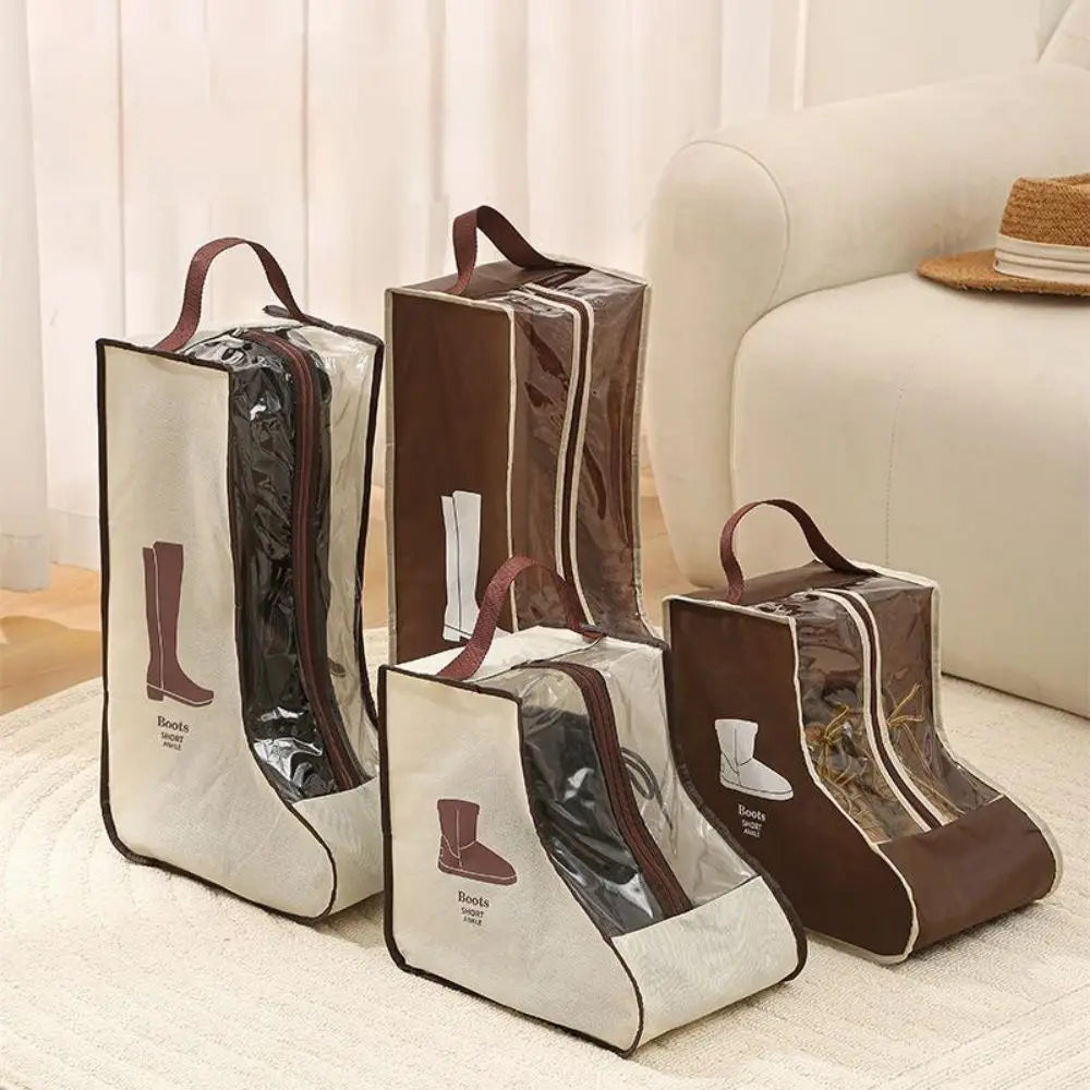 A set of brown and beige portable waterproof boot storage bags displayed on a light-colored rug.