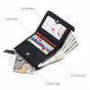 A black slim bi-fold wallet with five card slots, a 1D window, and a zipper bag, showing various cards and cash.