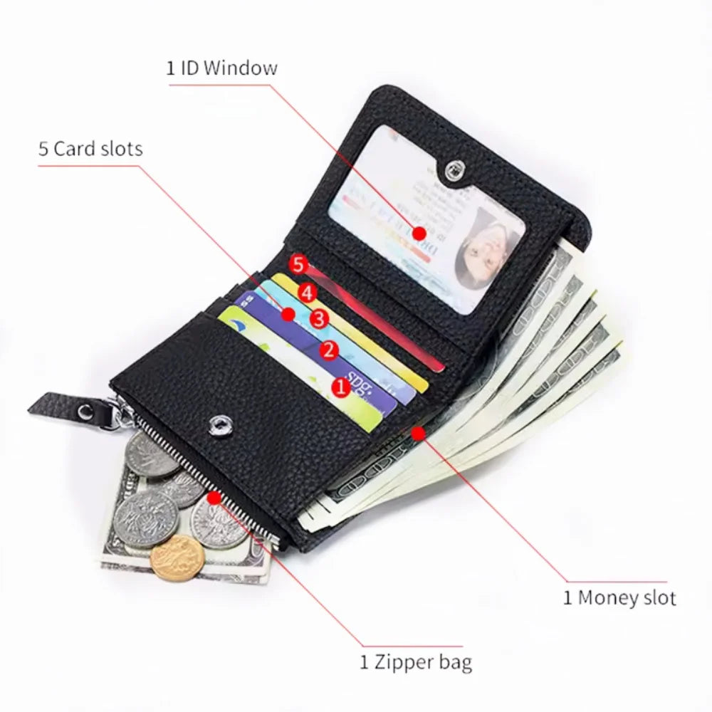 A black slim bi-fold wallet with five card slots, a 1D window, and a zipper bag, showing various cards and cash.