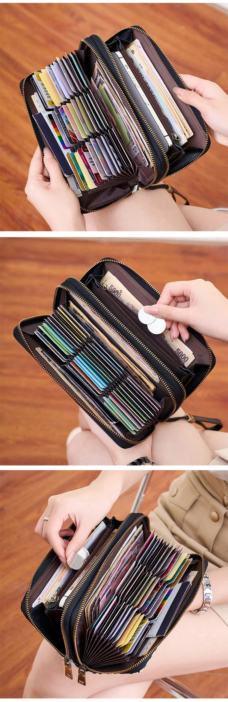 A close-up of a black leopard print RFID-blocking tri-fold wallet with a wrist strap, showing various cards inside.