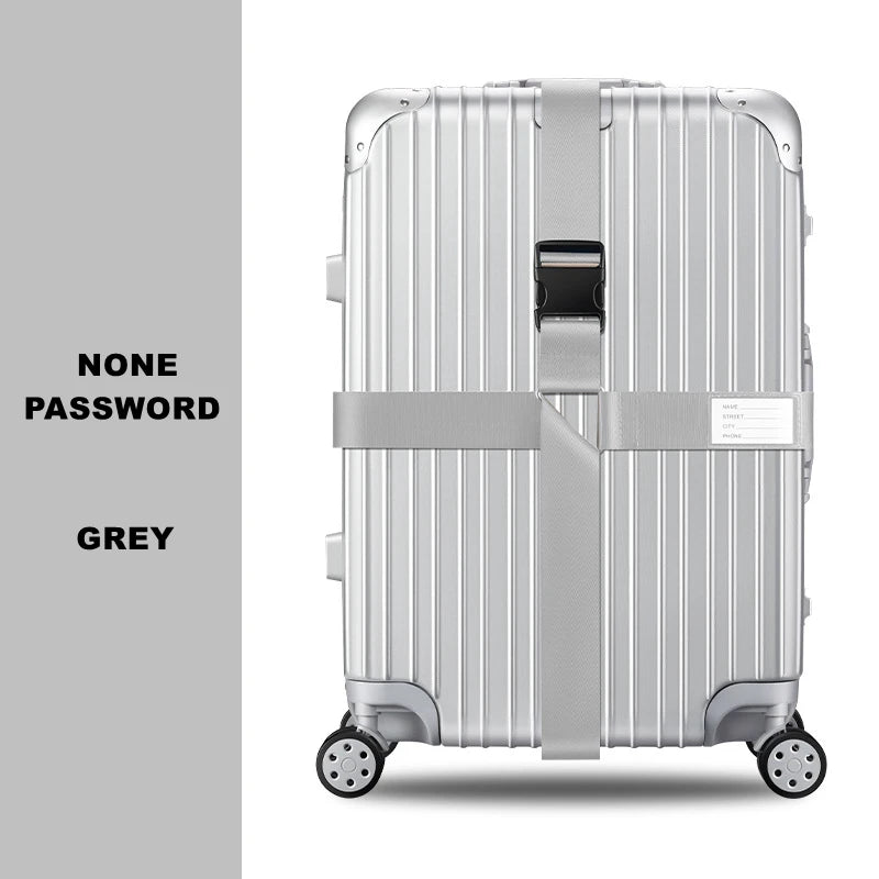 A silver adjustable luggage piece featuring a cross strap and bundling belt.
