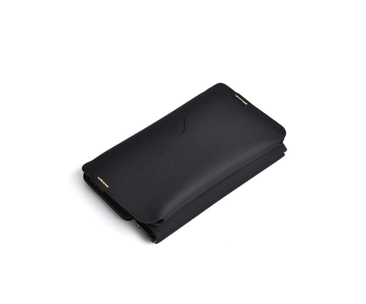 A black magnetic foldable ID card holder and coin purse shown from above.