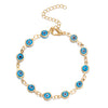 Gold charm bracelet featuring blue evil eye charms on an adjustable chain.