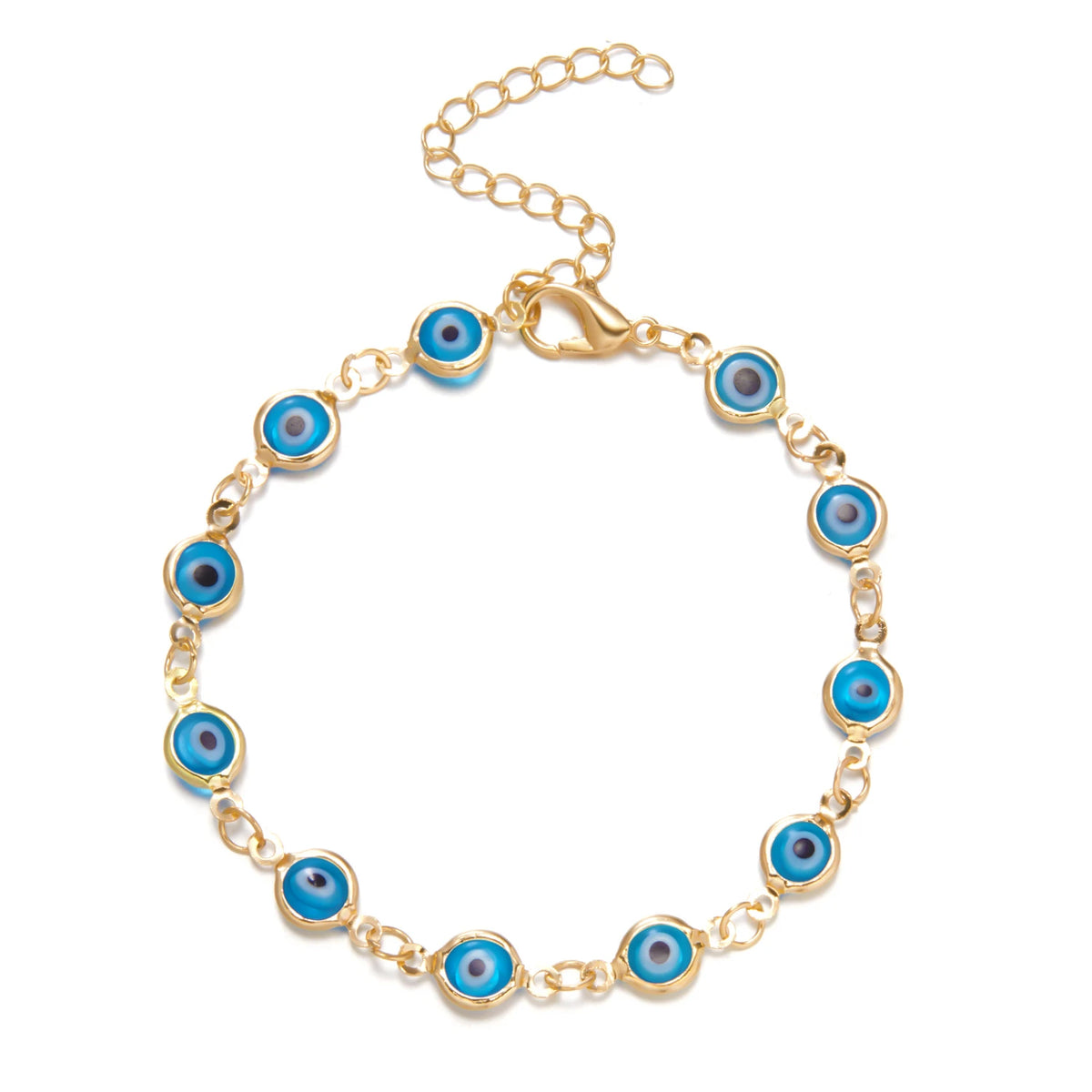 Gold charm bracelet featuring blue evil eye charms on an adjustable chain.