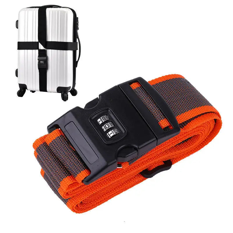 An adjustable luggage cross strap with a combination lock in black and orange.