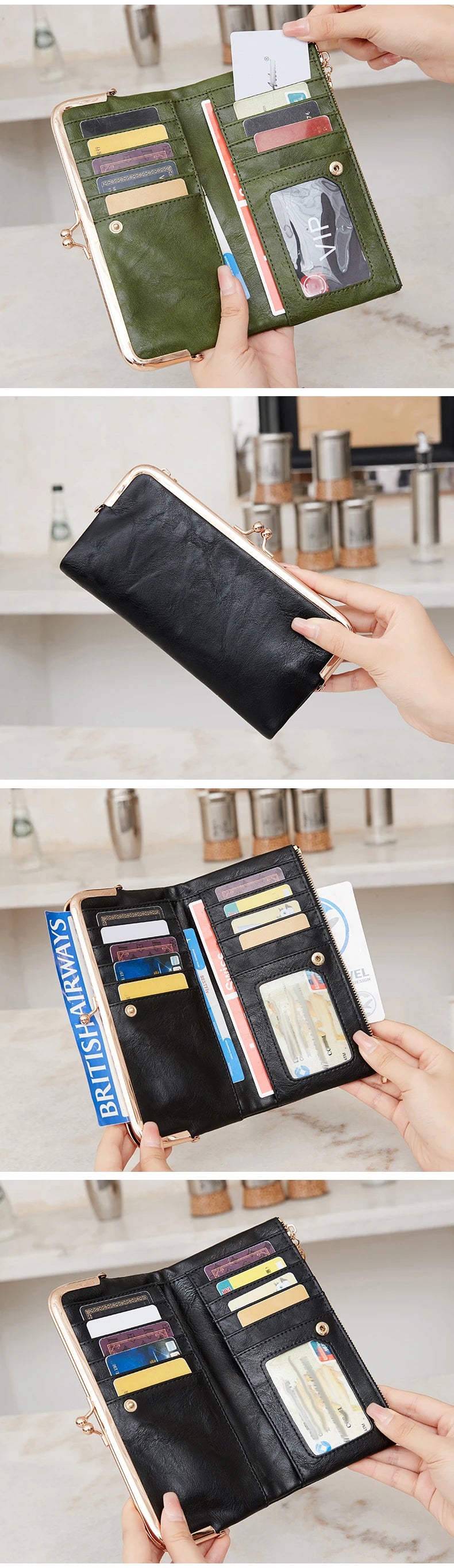 Nahaufnahme einer schwarzen Leder-Vintage-Geldbörse mit verschiedenen Karten und Bargeld drinnen.