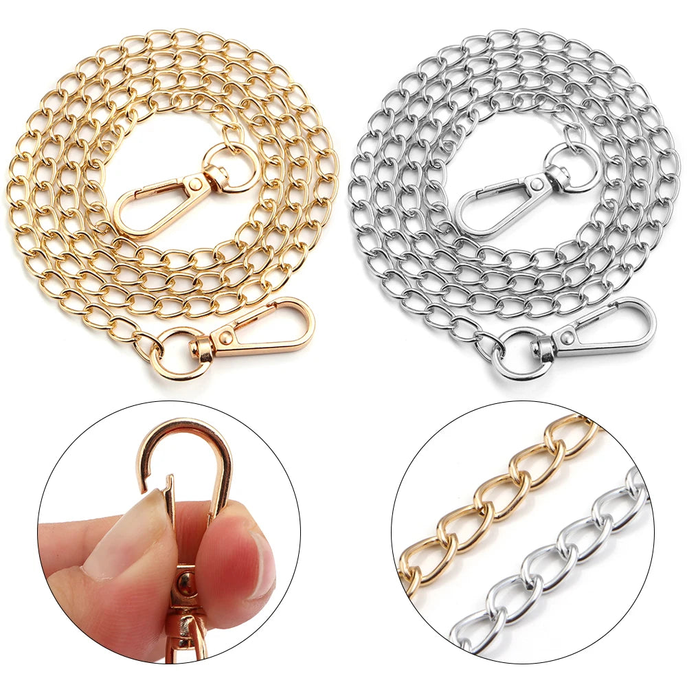 Two coils of adjustable metal bag strap chains, one gold-toned and one silver-toned, shown with a close-up of the clasp.
