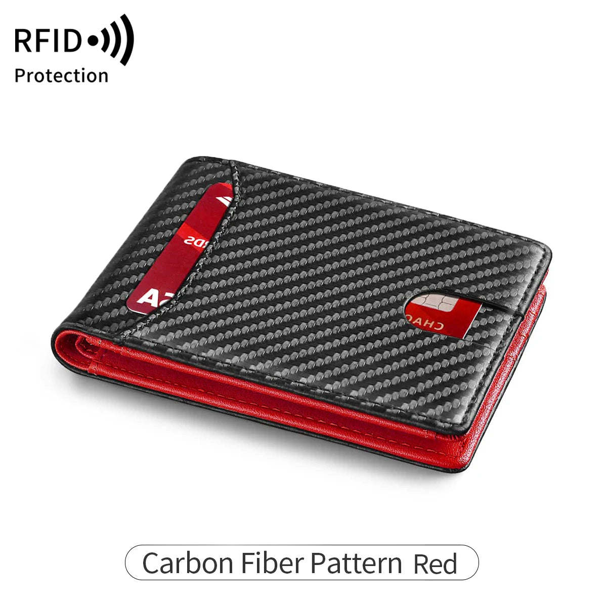 A red wallet featuring a carbon fiber pattern and an ID window for RFID protection.